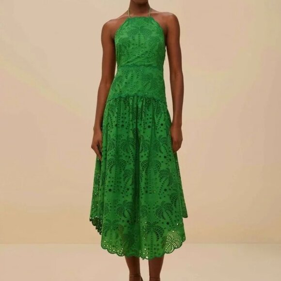 Farm Rio Palm Tree Eyelet Halter Neck Midi Dress Small/XS - Picture 2 of 6